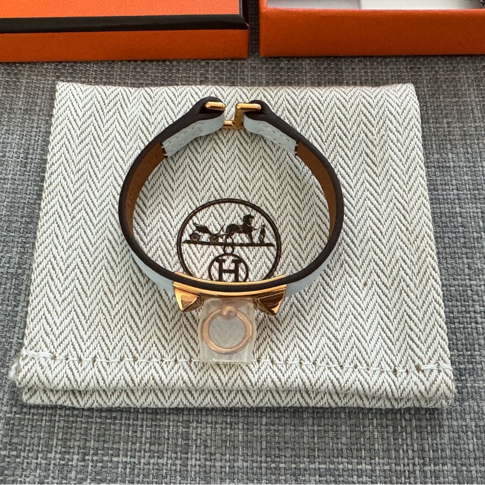 Hermes Rivale Mini Bracelet in Bleu Brume with Rose Gold Hardware, Size T1